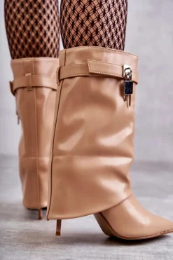 Hot Skórzane Wsuwane Kozaki Na Szpilce Beżowe Steffi Damskie Kozaki Wiosenne|Kozaki Na Szpilce