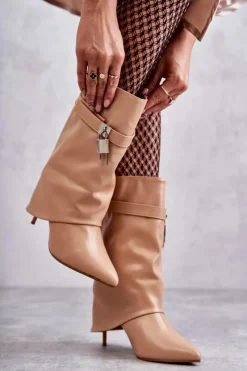 Hot Skórzane Wsuwane Kozaki Na Szpilce Beżowe Steffi Damskie Kozaki Wiosenne|Kozaki Na Szpilce