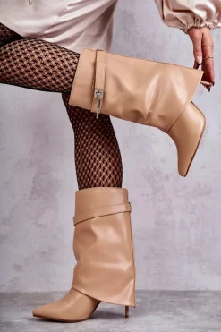 Hot Skórzane Wsuwane Kozaki Na Szpilce Beżowe Steffi Damskie Kozaki Wiosenne|Kozaki Na Szpilce