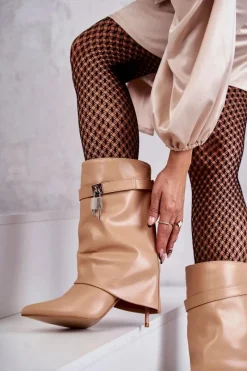 Hot Skórzane Wsuwane Kozaki Na Szpilce Beżowe Steffi Damskie Kozaki Wiosenne|Kozaki Na Szpilce