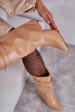 Hot Skórzane Wsuwane Kozaki Na Szpilce Beżowe Steffi Damskie Kozaki Wiosenne|Kozaki Na Szpilce