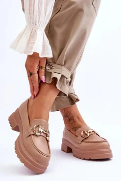 Outlet Boto Skórzane Wsuwane Mokasyny Damskie Beżowe Albie