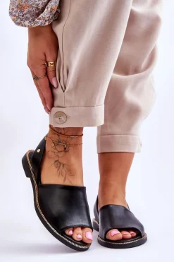 New Skórzane Wsuwane Sandały Czarne Lemar Alivia Damskie Sandały Płaskie