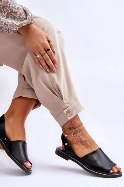 New Skórzane Wsuwane Sandały Czarne Lemar Alivia Damskie Sandały Płaskie