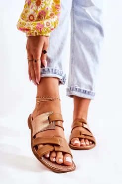 Discount Skórzane Wygodne Klapki Damskie 05549-29 Brązowe Damskie Klapki Damskie Klasyczne