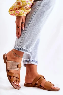 Discount Skórzane Wygodne Klapki Damskie 05549-29 Brązowe Damskie Klapki Damskie Klasyczne