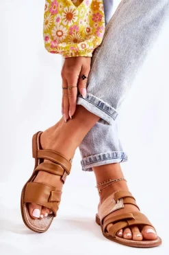 Discount Skórzane Wygodne Klapki Damskie 05549-29 Brązowe Damskie Klapki Damskie Klasyczne