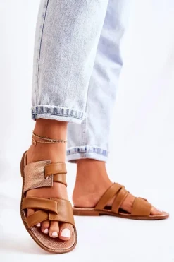 Discount Skórzane Wygodne Klapki Damskie 05549-29 Brązowe Damskie Klapki Damskie Klasyczne