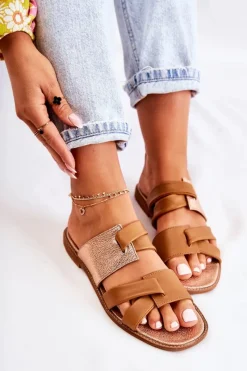 Discount Skórzane Wygodne Klapki Damskie 05549-29 Brązowe Damskie Klapki Damskie Klasyczne