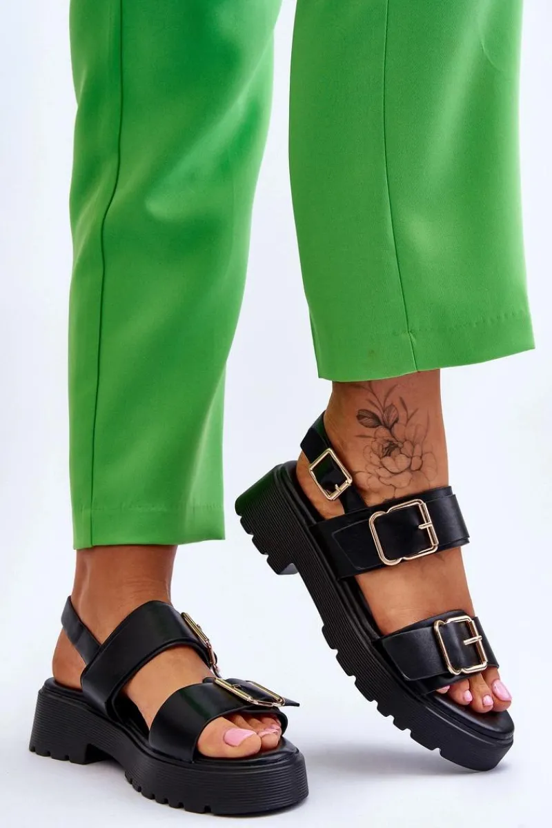 Sandały Płaskie>Boto Skórzane Wygodne Sandały Czarne Alayah