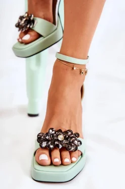 Clearance Boto Skórzane Wygodne Sandały Z Kryształami Zielone Absence