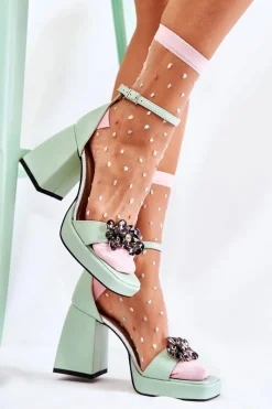 Clearance Boto Skórzane Wygodne Sandały Z Kryształami Zielone Absence