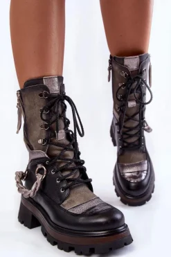 Clearance Skórzane Wysokie Botki Workery 05586-01 Czarno-Szare Damskie Botki Maciejka|Czarne Botki