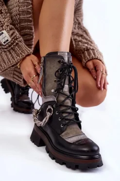 Clearance Skórzane Wysokie Botki Workery 05586-01 Czarno-Szare Damskie Botki Maciejka|Czarne Botki