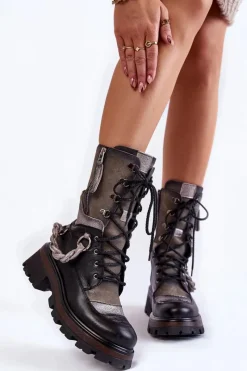 Clearance Skórzane Wysokie Botki Workery 05586-01 Czarno-Szare Damskie Botki Maciejka|Czarne Botki