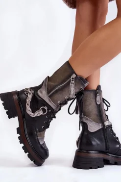 Clearance Skórzane Wysokie Botki Workery 05586-01 Czarno-Szare Damskie Botki Maciejka|Czarne Botki