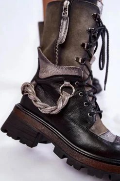 Clearance Skórzane Wysokie Botki Workery 05586-01 Czarno-Szare Damskie Botki Maciejka|Czarne Botki