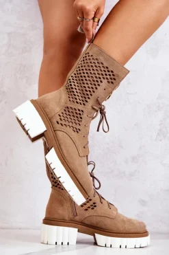 Outlet Skórzane Wysokie Botki Workery Nicole Jasnobrązowe 2706 Damskie Botki Wiosenne|Brązowe I Beżowe Botki