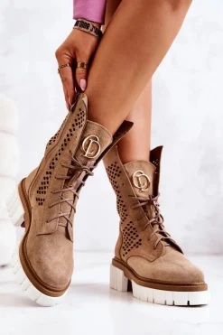 Outlet Skórzane Wysokie Botki Workery Nicole Jasnobrązowe 2706 Damskie Botki Wiosenne|Brązowe I Beżowe Botki