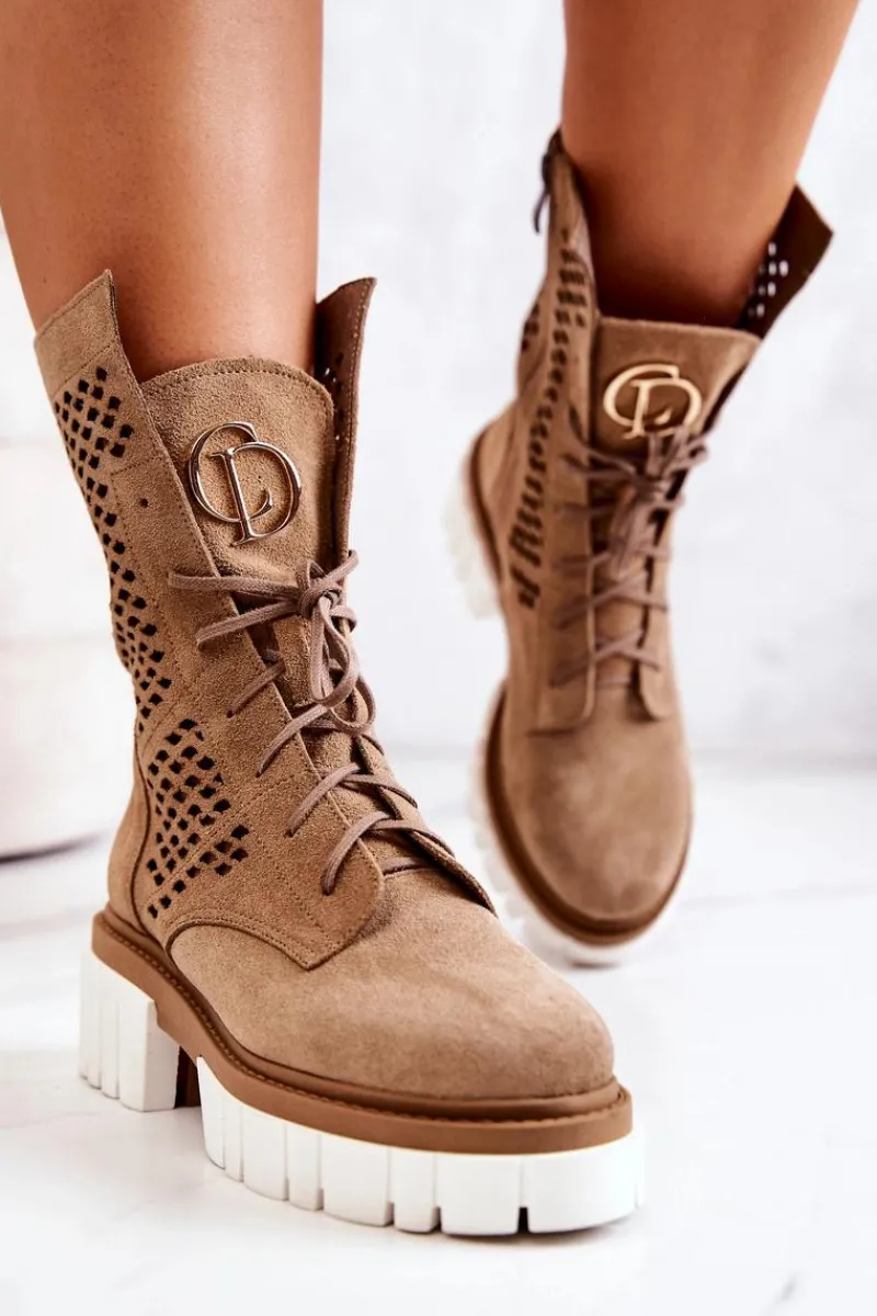 Outlet Skórzane Wysokie Botki Workery Nicole Jasnobrązowe 2706 Damskie Botki Wiosenne|Brązowe I Beżowe Botki