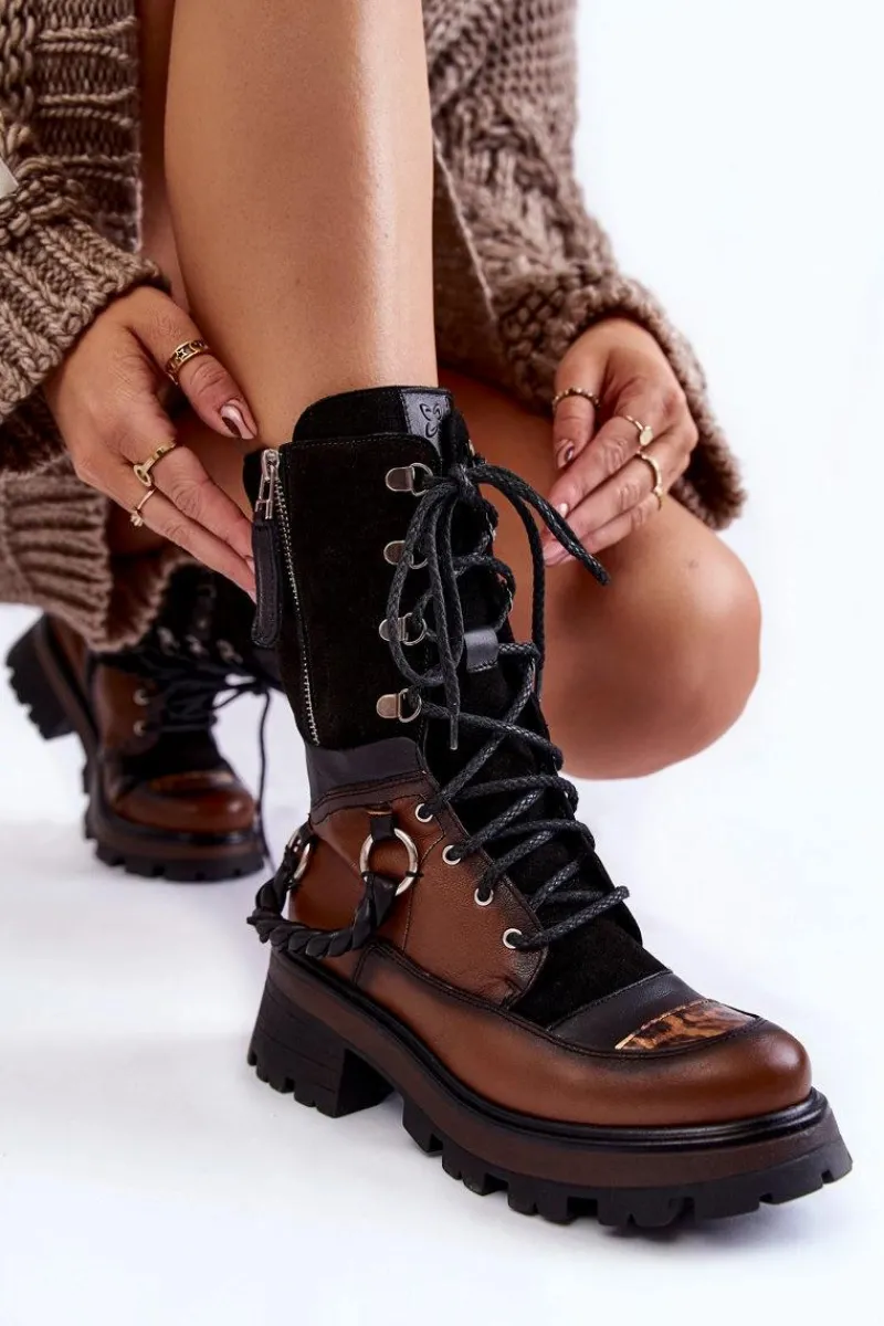 Botki Maciejka|Czarne Botki>Maciejka Skórzane Wysokie Botki Workery 05586-29 Brązowo-Czarne