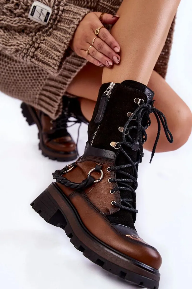 Botki Maciejka|Czarne Botki>Maciejka Skórzane Wysokie Botki Workery 05586-29 Brązowo-Czarne