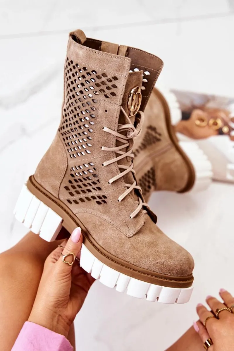 Sale Boto Skórzane Wysokie Botki Workery Nicole Camel 2706