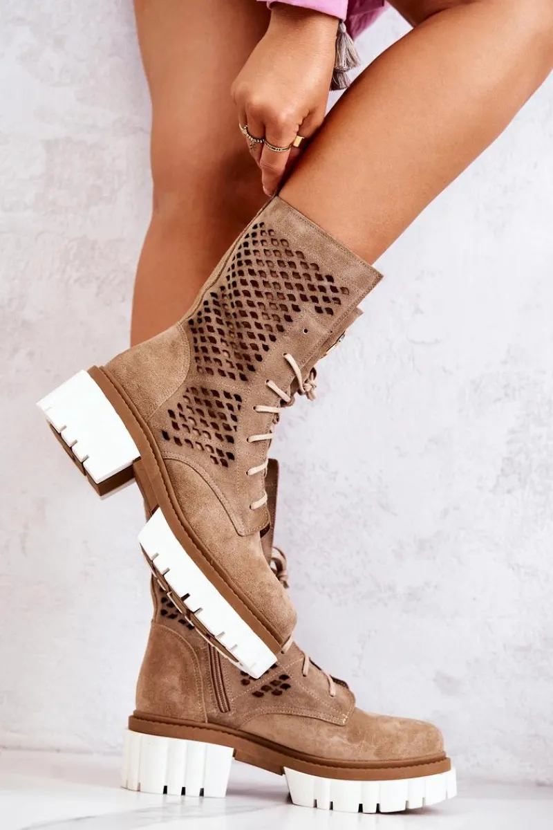 Sale Boto Skórzane Wysokie Botki Workery Nicole Camel 2706