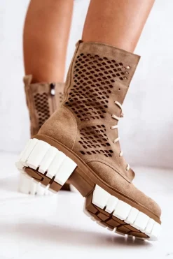 Sale Boto Skórzane Wysokie Botki Workery Nicole Camel 2706