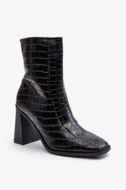 Outlet Boto Skórzane Wysokie Botki Wężowy Wzór Czarne Kornell