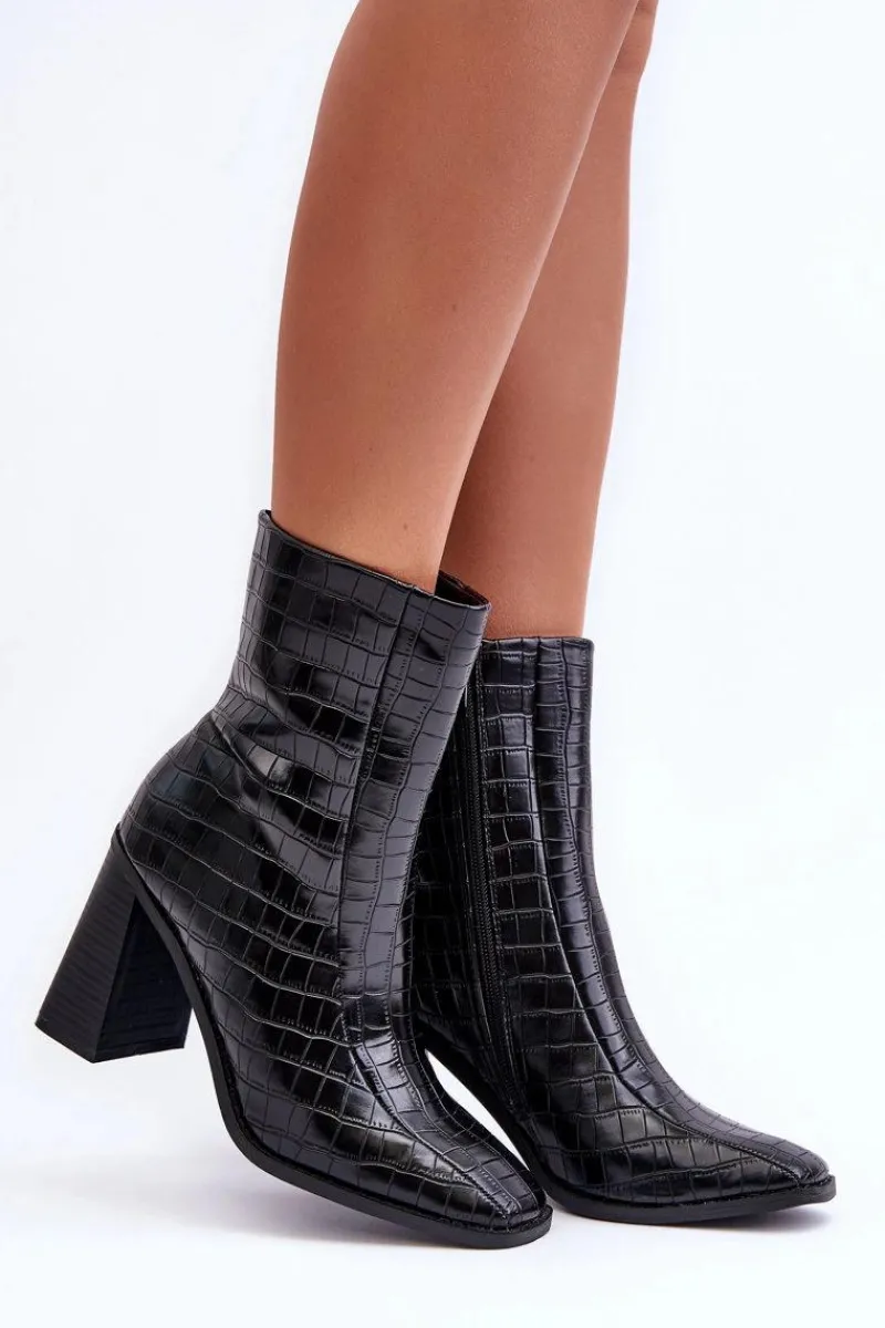 Outlet Boto Skórzane Wysokie Botki Wężowy Wzór Czarne Kornell