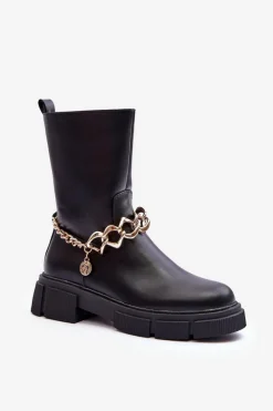 Czarne Botki|Botki Płaskie>Boto Skórzane Wysokie Botki Z Łańcuchem Czarne Pugen