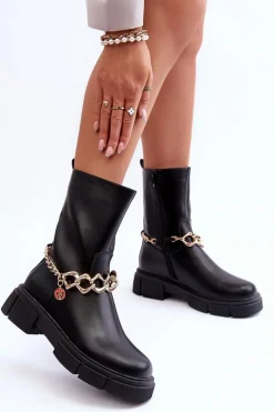 Czarne Botki|Botki Płaskie>Boto Skórzane Wysokie Botki Z Łańcuchem Czarne Pugen