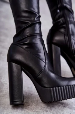 Best Boto Skórzane Wysokie Kozaki Na Platformie Czarne Katrina