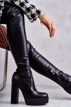 Best Boto Skórzane Wysokie Kozaki Na Platformie Czarne Katrina