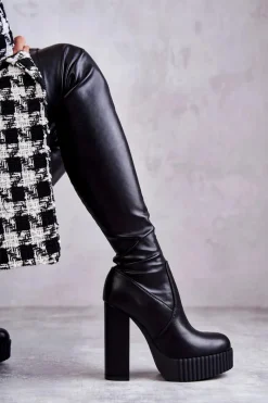 Best Boto Skórzane Wysokie Kozaki Na Platformie Czarne Katrina