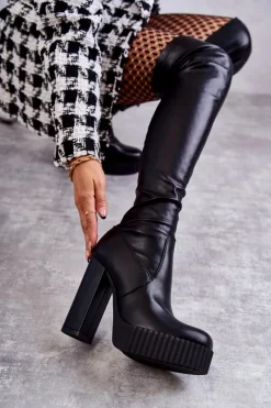 Best Boto Skórzane Wysokie Kozaki Na Platformie Czarne Katrina