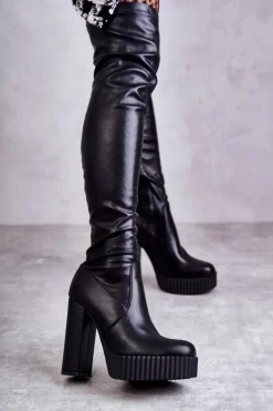 Best Boto Skórzane Wysokie Kozaki Na Platformie Czarne Katrina
