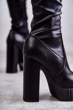 Best Boto Skórzane Wysokie Kozaki Na Platformie Czarne Katrina