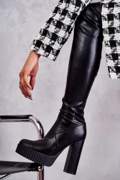 Best Boto Skórzane Wysokie Kozaki Na Platformie Czarne Katrina