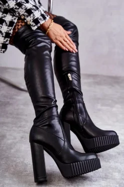 Best Boto Skórzane Wysokie Kozaki Na Platformie Czarne Katrina