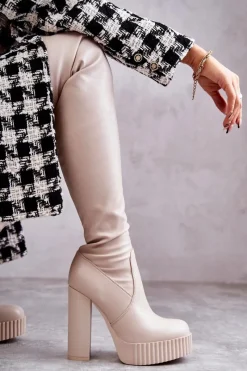 Kozaki Za Kolano|Kozaki Na Obcasie>Boto Skórzane Wysokie Kozaki Na Platformie Beżowe Katrina