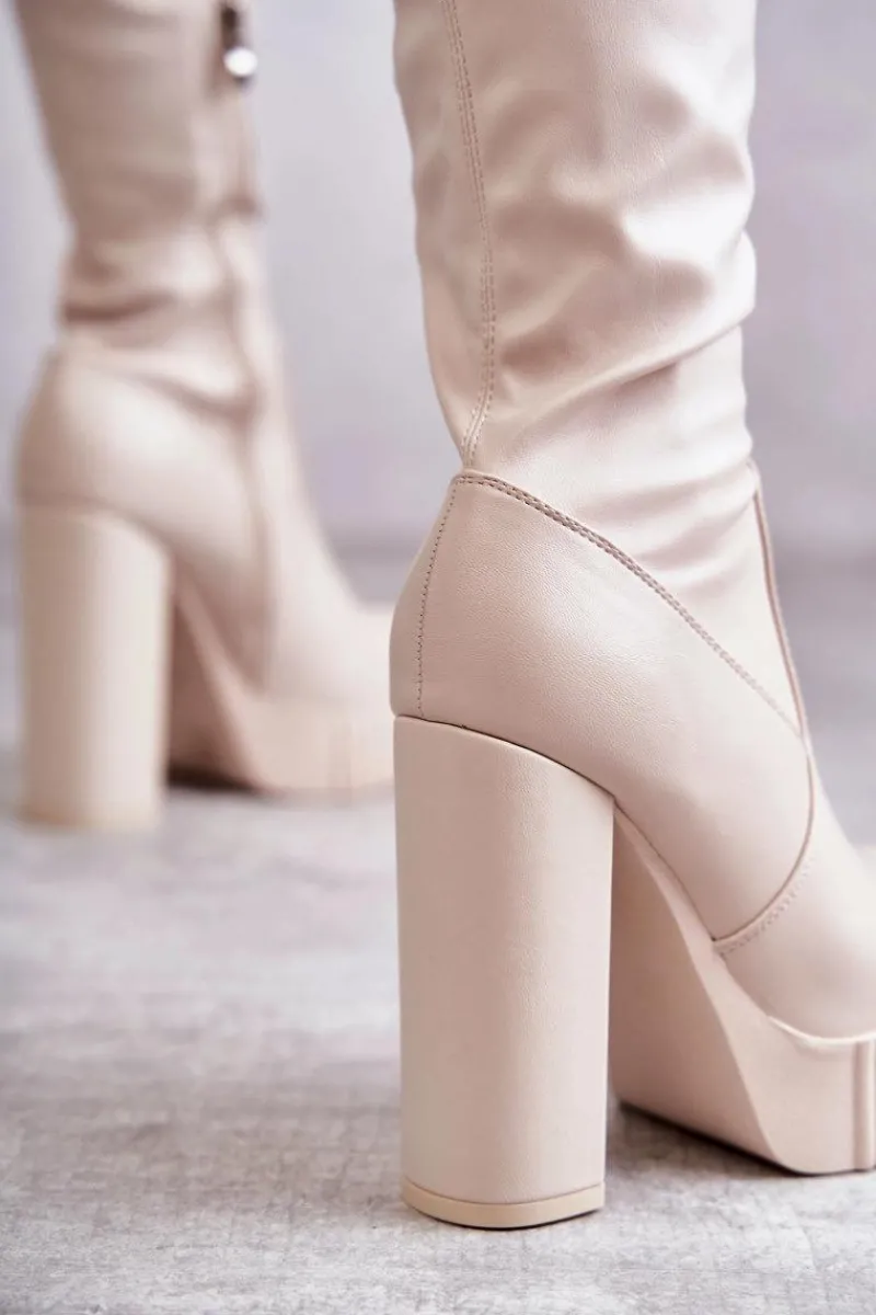 Kozaki Za Kolano|Kozaki Na Obcasie>Boto Skórzane Wysokie Kozaki Na Platformie Beżowe Katrina