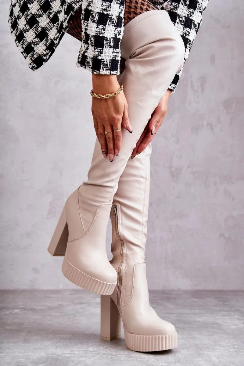 Kozaki Za Kolano|Kozaki Na Obcasie>Boto Skórzane Wysokie Kozaki Na Platformie Beżowe Katrina