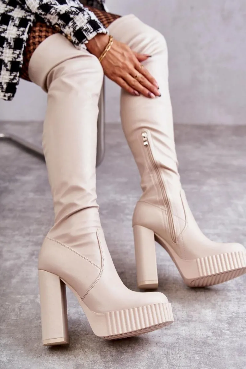 Kozaki Za Kolano|Kozaki Na Obcasie>Boto Skórzane Wysokie Kozaki Na Platformie Beżowe Katrina