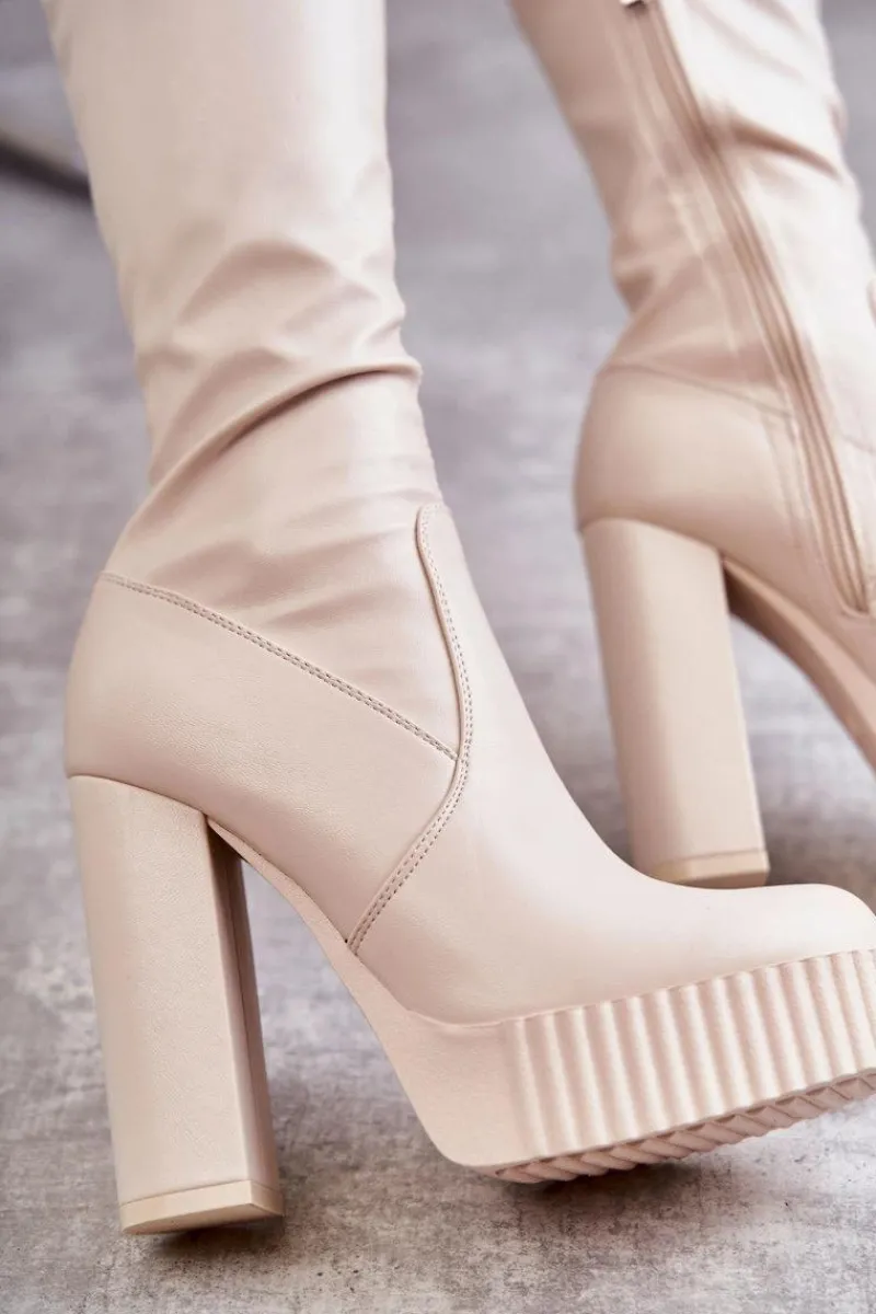 Kozaki Za Kolano|Kozaki Na Obcasie>Boto Skórzane Wysokie Kozaki Na Platformie Beżowe Katrina