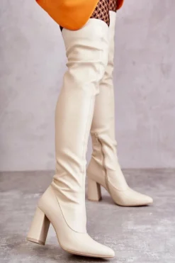 New Skórzane Wysokie Kozaki Na Obcasie Beżowe Casto Damskie Kozaki Wiosenne|Kozaki Za Kolano