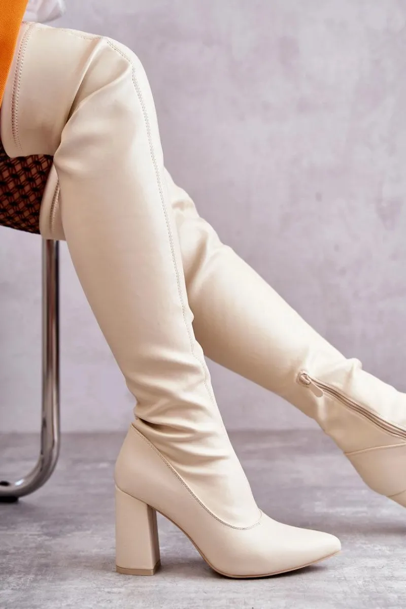 New Skórzane Wysokie Kozaki Na Obcasie Beżowe Casto Damskie Kozaki Wiosenne|Kozaki Za Kolano