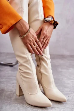 New Skórzane Wysokie Kozaki Na Obcasie Beżowe Casto Damskie Kozaki Wiosenne|Kozaki Za Kolano