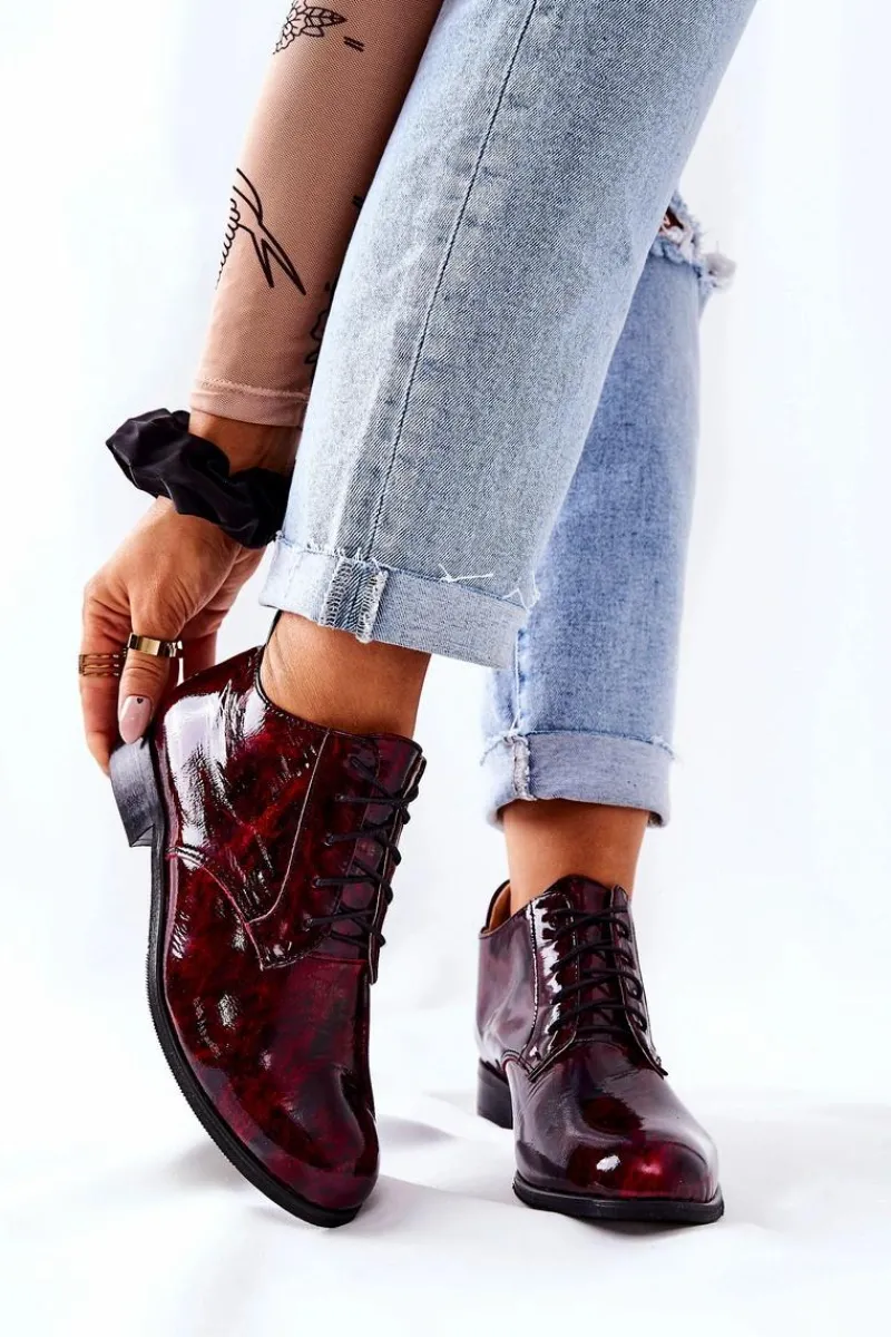 Online Skórzane Wysokie Półbuty Bordowo-Czarne Maniz Damskie Półbuty Skórzane